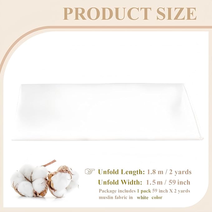 100% Cotton Muslin Fabric, 59 Inch X 2 Yards White Fabric by The Yard | Medium Weight, Easy Care, Fabric for Sewing Embroidery , Garments, Crafts Material, Apparel Cloth