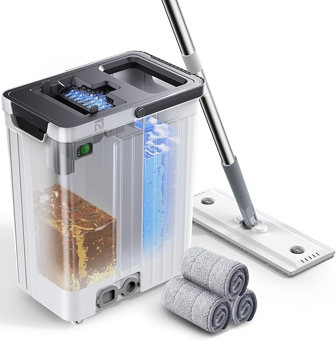 Mop and Bucket Set | Auto-Spray Cleaning | Dirty Water Separation Keep Water Fresh | Flat Mop & Bucket with Scraper | 3X Washable Pads | Mops for Floor Cleaning Valentine's Day Gift