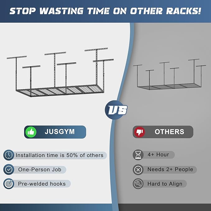 Jusgym 3X6FT Overhead Garage Storage Rack, 26"-40" Height Adjustable Garage Ceiling Storage Racks, Heavy Duty Metal Overhead Storage Organizer System, 450LBS Weight Capacity