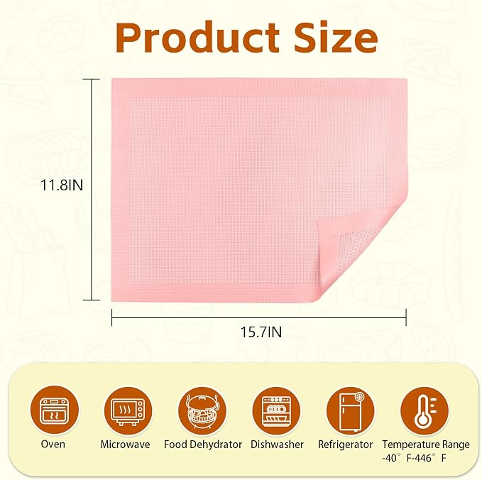 15.7"x11.8" Perforated Baking Mats, Non-Stick Hollow Out Silicone Mat, Reusable Oven Liner for Half Sheet Pan, Making Bread/Pizza/Macaron/Pastry/Cookie (2 Pcs, Pink)