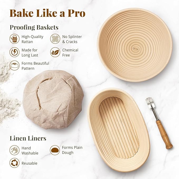 BAVIFY Sourdough Starter Kit, Banneton Bread Proofing Baskets Set, Sourdough Bread Baking Supplies Making Tools with Dough Scraper, Whisk, Bread Lame, Recipe, 2 Round Gift Set
