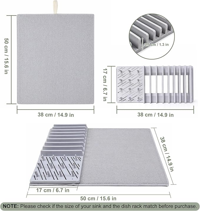 2-in-1 in Sink Dish Drying Rack with Dish Drying Mat,Collapsible Dish Drying Rack with Mat,Space-Saving Dish Rack for Kitchen Counter,Quick Dry Dish Drainers for Kitchen Sink (Grey White)