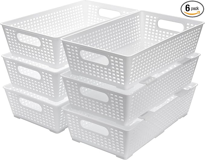 Tiawudi Stackable Woven Plastic Basket, Storage Bins for Cabinet, Closet, Shelf, Under Sink and Countertop, Pantry Organizer Bins, 6 Pack