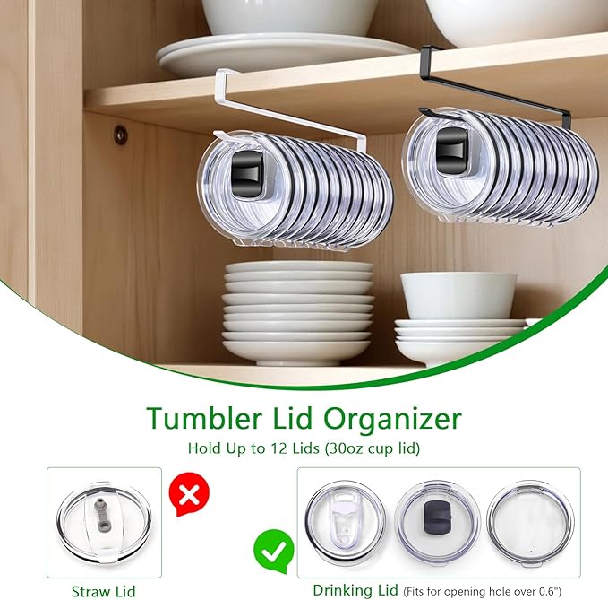 Cup Lid Organizer, Tumbler Lid Holder for 12 Lids Under Cabinet, Space Saving Hook for Kitchen Storage, No Drilling, Carbon Steel, White