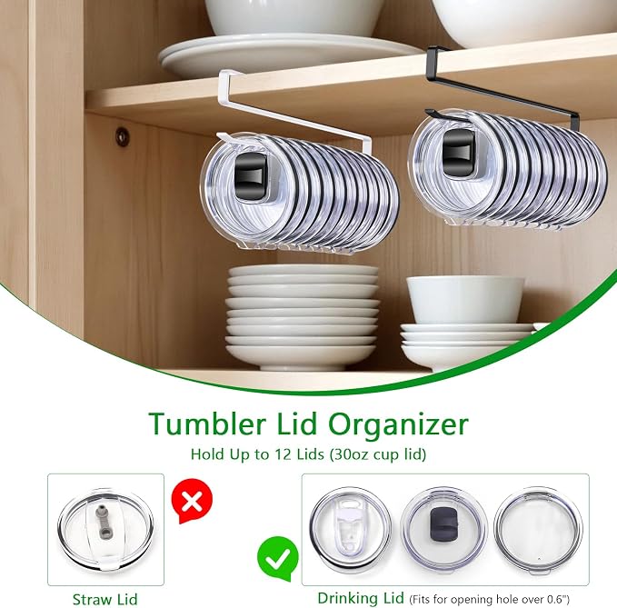 4 Pack Tumbler Lid Organizer, Cup Lid Holder Holds 12 Lids Each Under Cabinet, Space Saving Hook for Kitchen Storage and Coffee Cups, No Drilling, Carbon Steel, Black