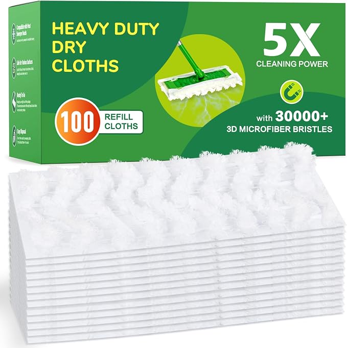 100ct Dry Sweeping Cloths for Swiffer Sweeper Mop, Heavy Duty Microfiber Duster Mop Pad Refills, Captures Dust & Pet Hair, for Hardwood Floors and Multi-Surface Cleaning