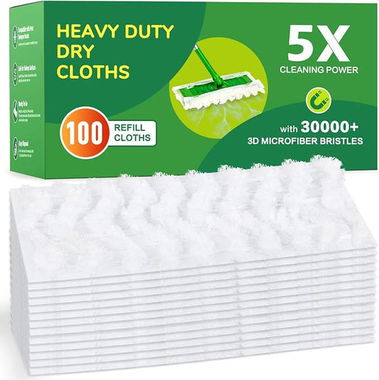100ct Dry Sweeping Cloths for Swiffer Sweeper Mop, Heavy Duty Microfiber Duster Mop Pad Refills, Captures Dust & Pet Hair, for Hardwood Floors and Multi-Surface Cleaning