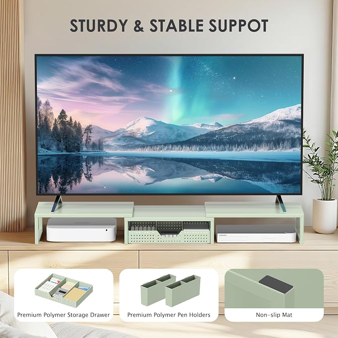 OPNICE Desk Organizers and Accessories, Dual Monitor Stand Riser with Drawer and 2 Pen Holders, Desk Shelf Computer Monitor Stand for Office Workspace Organizers, Desktop Organization (Green)