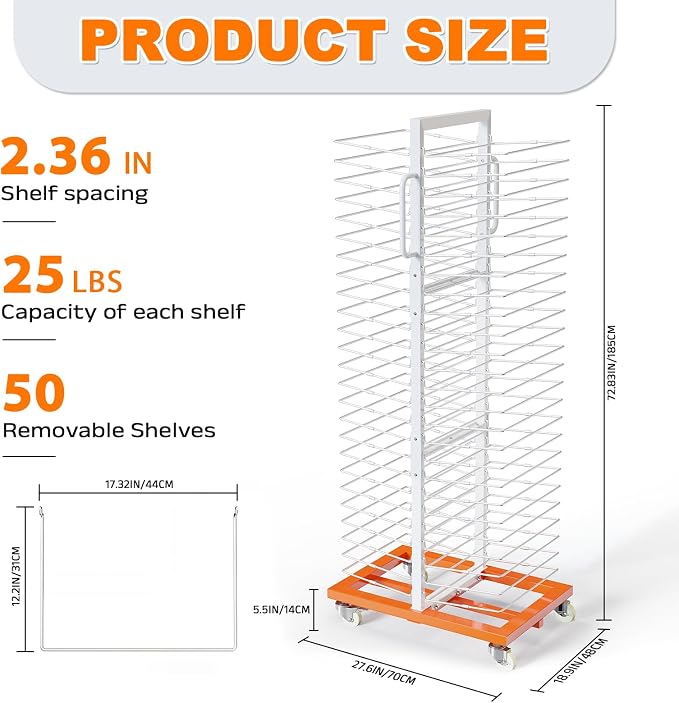 Heavy Duty Paint Drying Rack with 50 Removable Shelves, 25 lbs Capacity | Sturdy load-bearing metal frame, freely adjustable shelf spacing, easy quick assembly, vertical space-saving storage