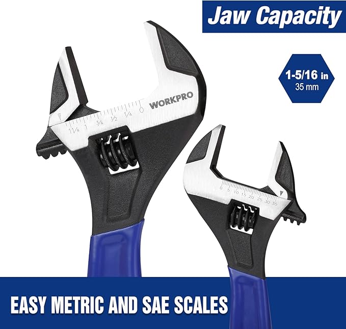 WORKPRO 10-Inch Adjustable Wrench, Cr-V Steel Wide Jaw Black Oxide Wrench | Metric & SAE Scales,Ideal for Home Repairs, Garage, Workshop and DIY Applications
