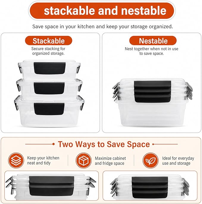 YORY 5cup Plastic Food Storage Containers With Lids For Lunch Meal Prep,5pk | BPA free,Stackable and Nestable,Snaplock Lid ,Freezer Dishwasher Microwave Safe