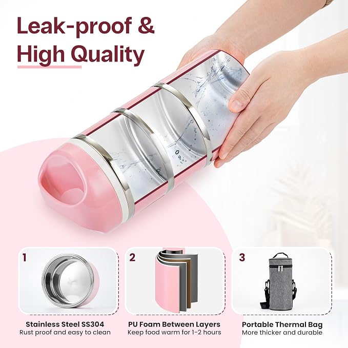 Lille Home Stackable Stainless Steel Thermal Compartment Lunch/Snack Box, 3-Tier Insulated Bento/Food Container with Lunch Bag and Three Extra Seals, 43OZ (Pink)