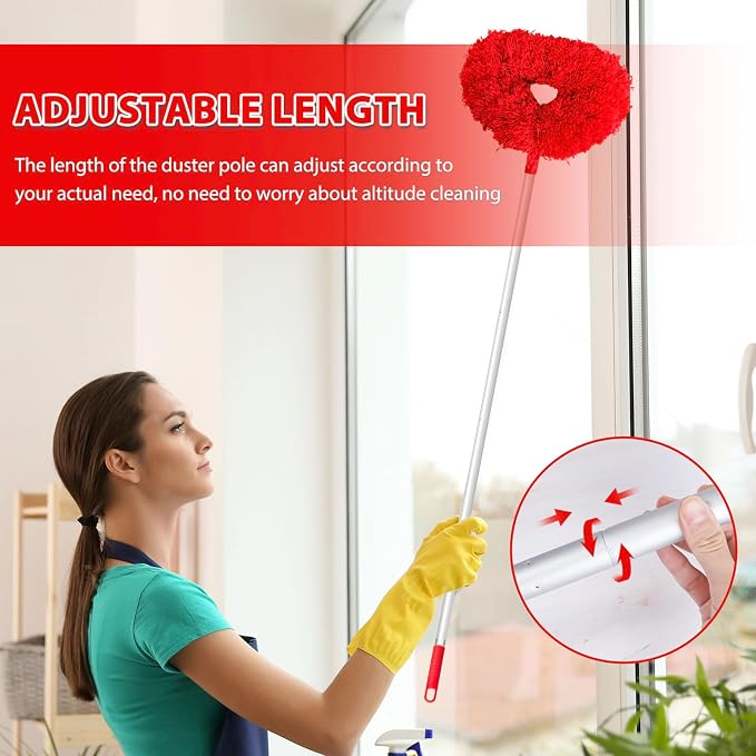 FONUNO Ceiling Fan Cleaner Duster High Ceiling Extended Fan Blade Cleaner | Reusable Microfiber Ceiling Fan Duster with Extension Handle from 13 to 50 Inch for Furniture Bookshelves Wall Door, Red