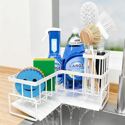 Fikoksol Large Sponge Holder for Kitchen Sink, 90-Degree Sink Caddy Organizer with Dish Brush Holder for Countertop Corner Storage Rack, White Metal L Kitchen Sink Sponge Soap Organizer Storage Ideas