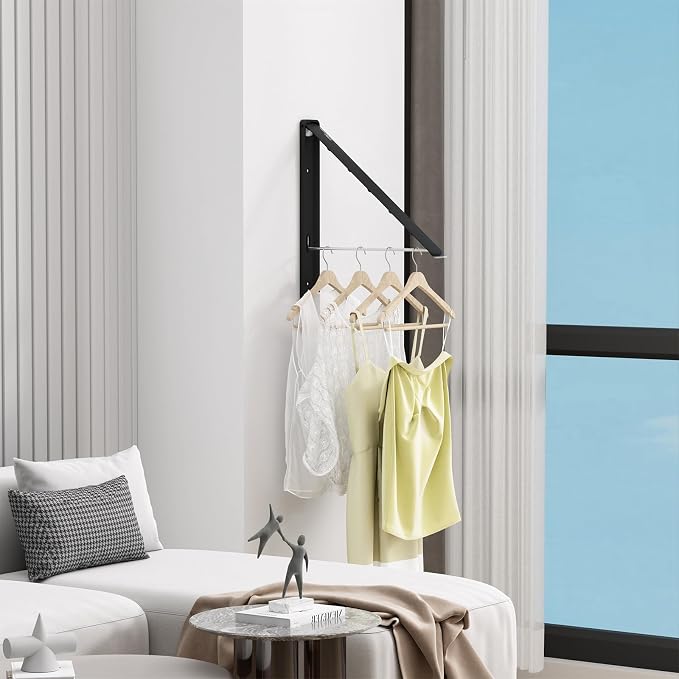 Folding Clothes Hanger Rack Wall mounted for Laundry Clothes Drying Rack | Foldable Hanger Rack Laundry Hanger Dryer Rack, Easy to Install, Closet Storage Organization, Space Saving Aluminium, Black