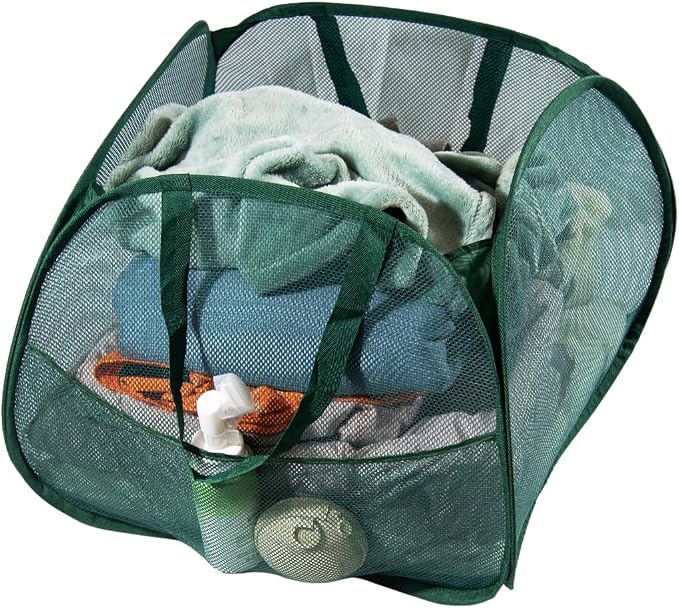 Collapsible Laundry Basket 90L, Foldable Mesh Pop-up Laundry Hamper with Handles, Dirty Clothes Hamper for Laundry with Side Storage Pocket (Green)