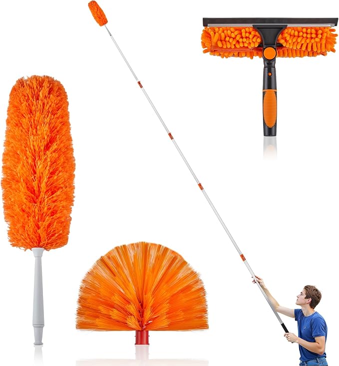 4-24 Ft High Reach Window Washing Kit with Extension Pole, Window Squeegee & Microfiber Scrubber, Ceiling Fan Duster & Feather Duster for High Ceiling, Furniture & Home Cleaning