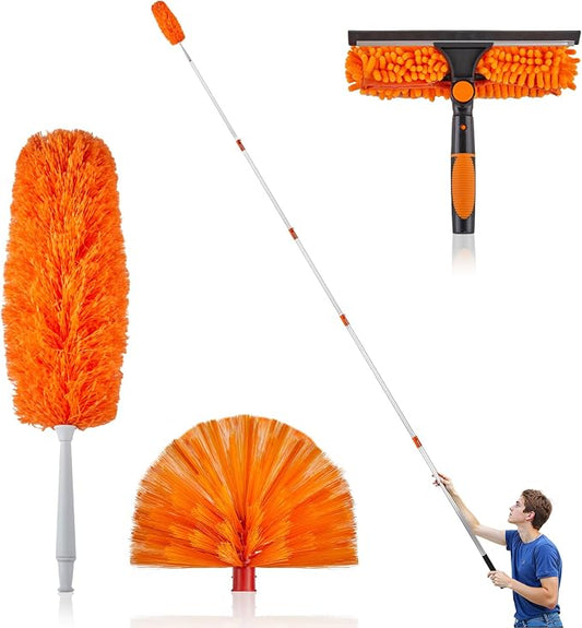 4-24 Ft High Reach Window Washing Kit with Extension Pole, Window Squeegee & Microfiber Scrubber, Ceiling Fan Duster & Feather Duster for High Ceiling, Furniture & Home Cleaning