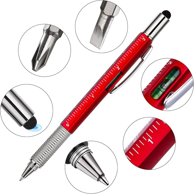 Zhanmai 4 Pcs 6 in 1 Multitool Pen Gift for Men Multi Tool Ballpoint Pen with Ruler Level Screwdriver Stylus Cool 10 Ink Refill Tool Gadget Birthday Christmas Stocking Stuffers (Red Green Gray Blue)