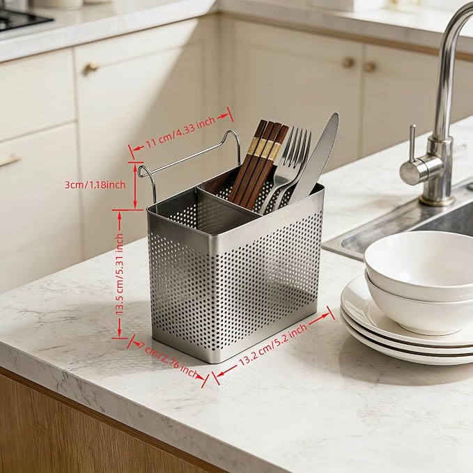 Stainless Steel Utensil Holder for Kitchen Counter, 2 Compartment Cutlery Organizer with Hooks, Dishwasher Safe Flatware Drying Caddy for Sink & Dish Rack (Brushed Finish)