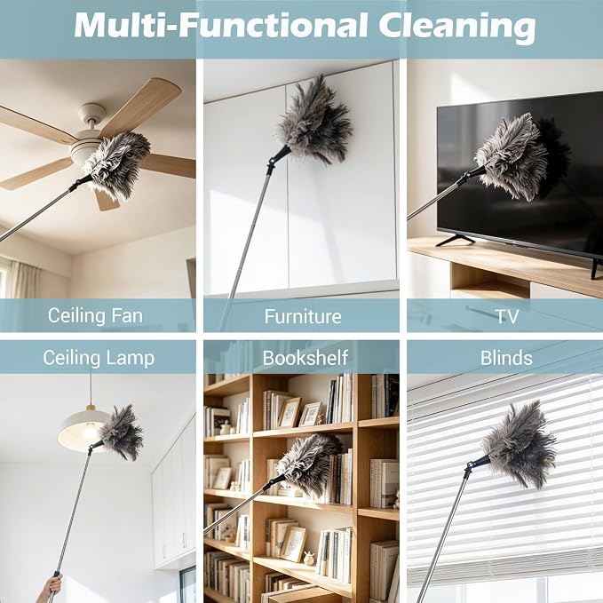 Feather Duster Extendable 22–47 Inch, Natural Ostrich Feather Duster with Long Handle for High Ceilings, Ceiling Fans, Walls，Furniture(Brown)