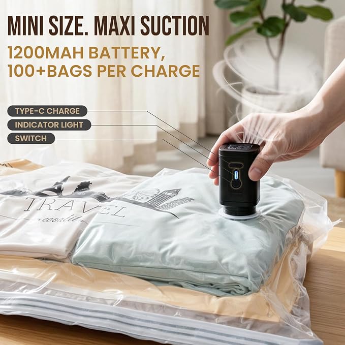 TAILI Vacuum Storage Bags with Rechargeable Cordless Pump, 16 Pack Combo (6M+6L+4XL), Vacuum Seal Bags for Clothing, Bedding, Blanket, Pillows, Compression Packing Cube Storage for Luggage Travel