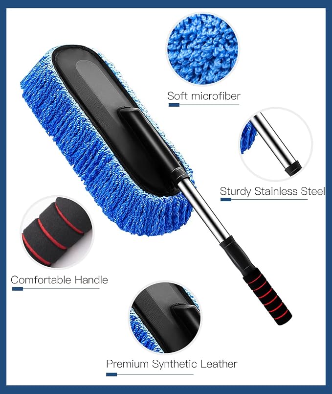 YeewayVeh Car Duster Kit, 2-Pack Microfiber Dust Brush, Blue | Scratch-Free Pollen Dusters, Extendable & Dash Duster for Exterior Interior Cleaning