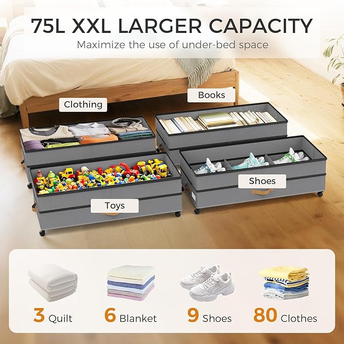 75L 2 Pack Adjustable Under Bed Storage with Wheels | Underbed containers with clear lids, rolling under bed shoe storage organizer for dorm home clothes, blankets, shoes, Grey