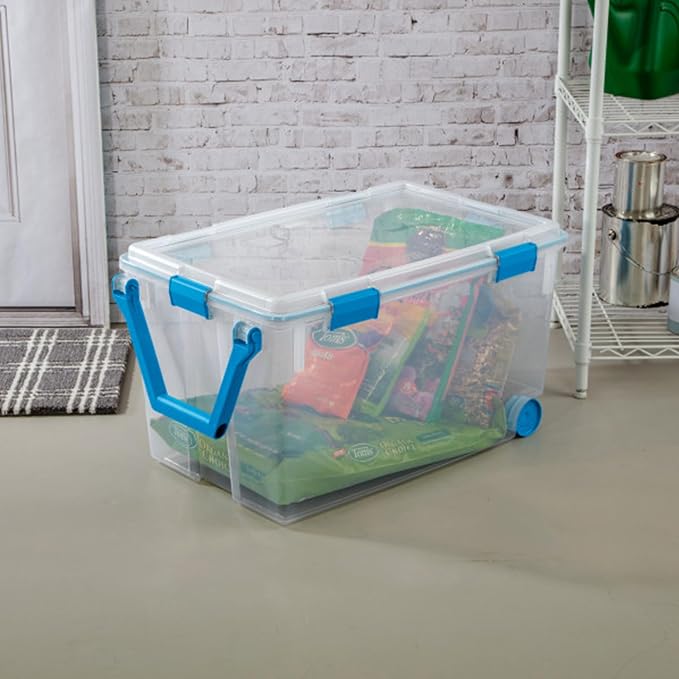 STERILITE 120 QT. Plastic Storage Container with Gasket Latch LID in Clear, 12-Pack | Heavy-Duty, Stackable, and Organizing Containers for Bathroom, Cabinet, Closet, and Garage, Clear and Blue Aquarium Latches