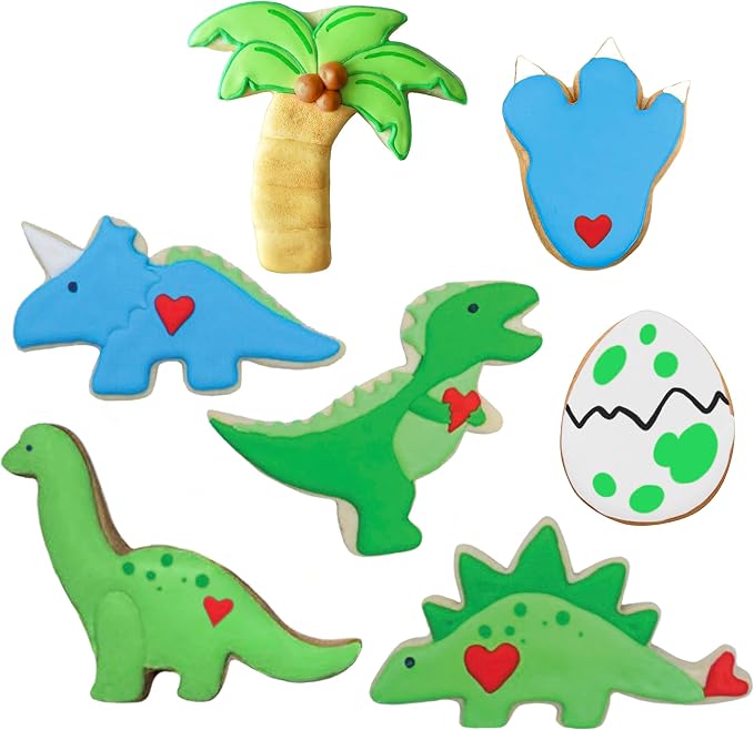 Ann Clark Dinosaur Cookie Cutter 7-Pc. Set (T-Rex, Brontosaurus, Stegosaurus, Triceratops, Dino Foot, Egg, Palm Tree), Made in USA
