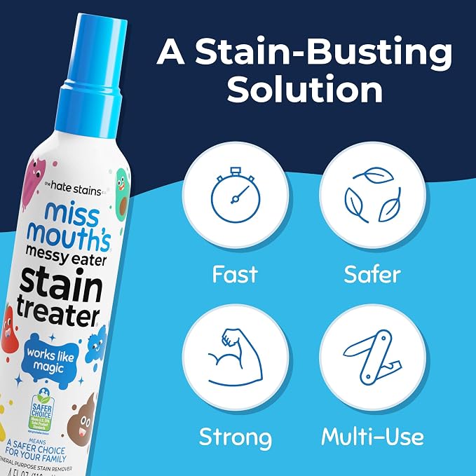 Miss Mouth's Messy Eater Stain Treater Spray - 4oz 3 Pack Stain Remover - Newborn & Baby Essentials - No Dry Cleaning Food, Grease, Coffee Off Laundry, Underwear, Fabric | Newborn & Baby Essentials; Cleans Off Food, Grease, Coffee; Use on Laundry, Unde...