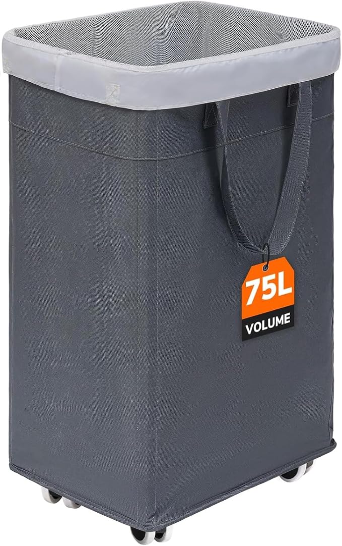 CHICVITA 75L Large Rolling Laundry Basket with Wheels & Wash Bag, Grey | Collapsible design saves space for corner dorms. Removable wash bag for easy laundry transport
