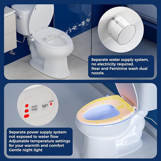 Clirass Elongated Heated Toilet Seat with Night Light, Three Temperature Settings Heated Seat,70 in Power Cord, Fit Elongated Toilet, Cold Water Bidet Function Toilet Seat With Slow Close