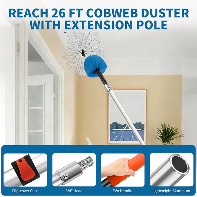 Cobweb Duster with Extension Pole, Dense Soft Bristles & Efficient Dust Removal, High Reach Cleaning 5-20FT Adjustable to 26FT, Indoor Outdoor for Ceilings/Corners/Fans