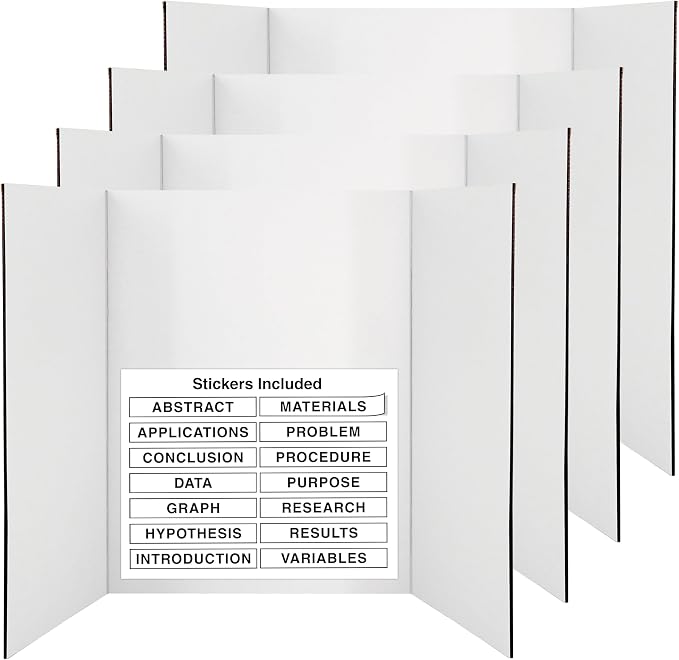 White Trifold Presentation Board 36" x 48" (Pack of 4) Self-Adhesive Science Subtitles included - Display Exhibition Board Lightweight and Portable with Smooth Surface - by Emraw