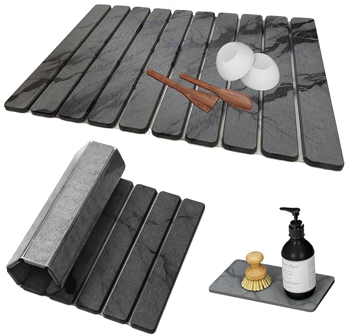 Large Stone Dish Drying Mat for Kitchen Counter, Quick Dry Stones Dishes Mats, Foldable Water Absorbing Diatomaceous Earth Drying Pad for Plate Rack Bottles Utensils (Dark Gray 24"×16" & 8"x4")