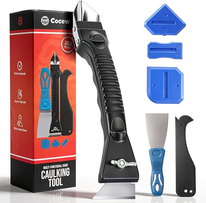 Silicone Caulking Tool Kit, Caulk Remover Tool, Putty Knife Scraper, 3 Glass Glue Corner Scrapers, Grout Removal Tool with Stainless Steel Head for Kitchen Bathroom and Window