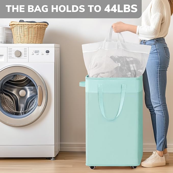 Goodpick 2-Pack Rolling Laundry Basket with Removable Wash Bag, 75L | Laundry Basket with Wheels, Collapsible Laundry Basket, Rolling Laundry Hamper with Handle for College Dorm,Blue