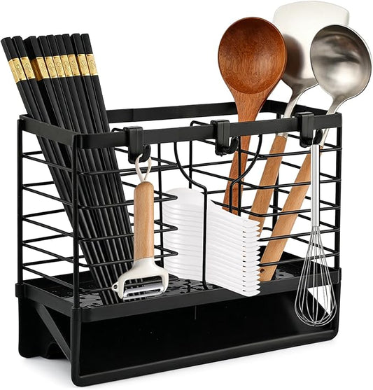 Stainless Steel Utensil Holder, Utensil Drying Rack with Drain Tray, 3 Compartments Kitchen Counter Drainer Basket Cutlery Organizer for Forks, Chopsticks, Spoons(Color:Black)