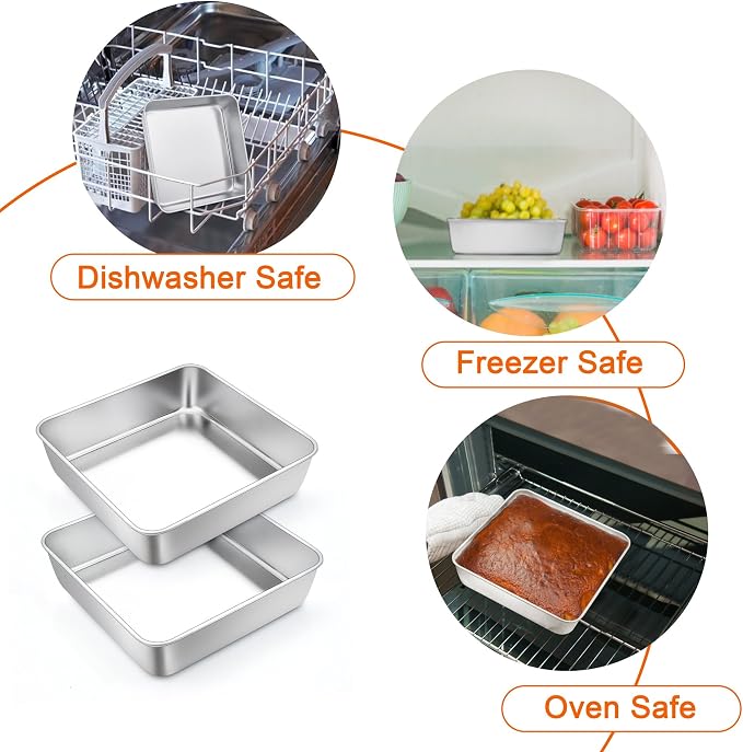 TeamFar Square Cake Pan, 6 Inch Stainless Steel Square Baking Pan for Lasagna Cake Brownie, Healthy & Heavy Duty, Dishwasher Safe & Easy Clean, Brushed Surface & Smooth Edge, Set of 4