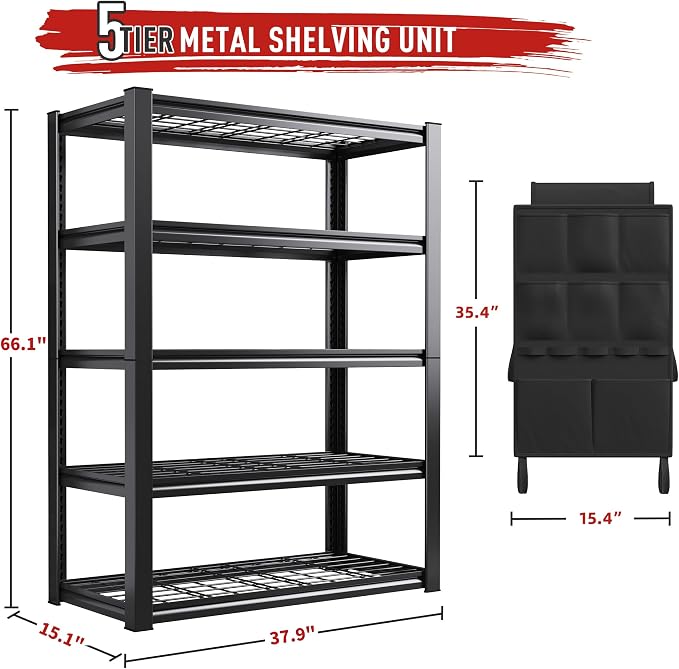 REIBII 37.9" W Storage Shelving with Tool Bag for Garage Workshop Basement | Wire Mesh Panel, Adjustable, Detachable, 5-Tier, Easy Assembly, for Homeowner and DIYer, 66.1" H x 37.9" W x 15.8" D, 2000Lbs