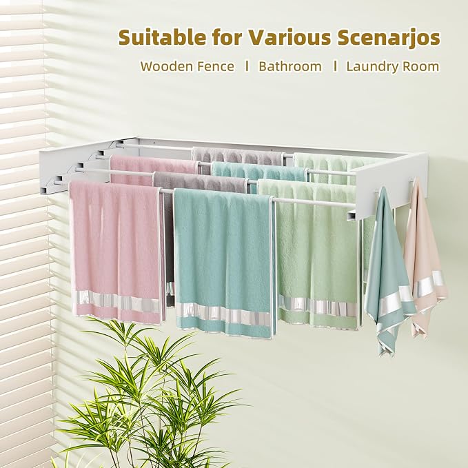 Wall Mounted Drying Rack 23.6'', Foldable Laundry Drying Rack Wall Mount with 4 Towel Hooks and 4 Rods, Space Saving Drying Rack Clothing for Indoor Outdoor Bathroom Balcony (White, 23.6'')
