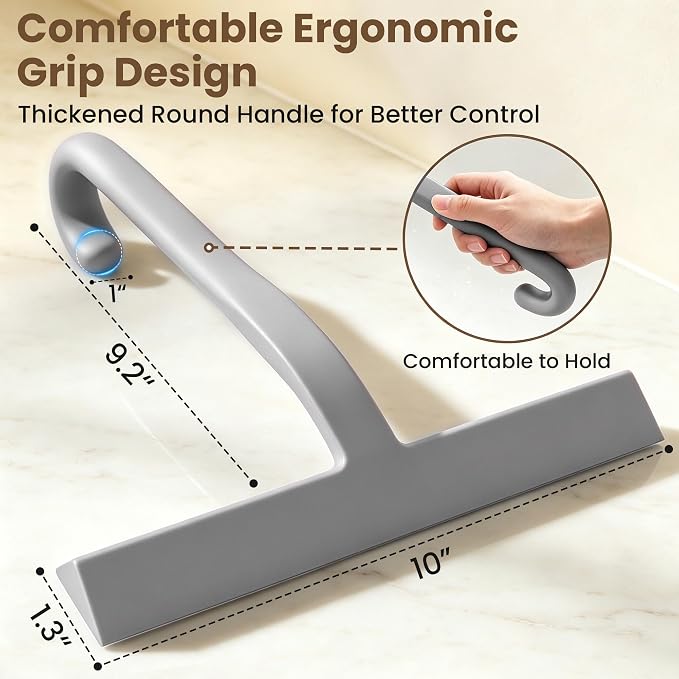 Shower Squeegee for Glass Doors - 10 Inch Bathroom Squeegee with Ergonomic Round Grip, Built-in Hook, Streak-Free No-Squeak Silicone Blade for Shower Glass, Tile Walls, Mirrors & Windows, Grey