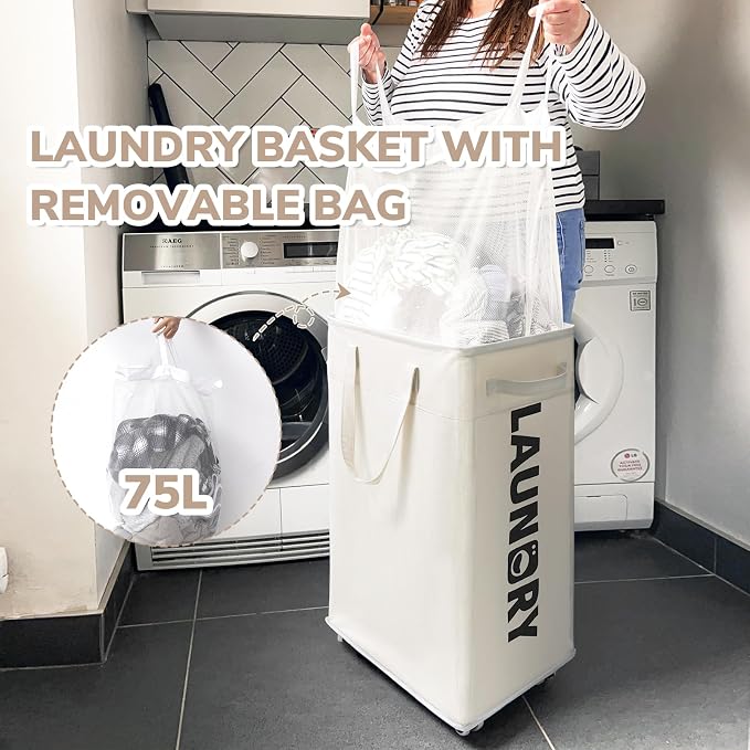 CHICVITA 75L Collapsible Laundry Hamper with Wheels & Wash Bag, White | Easy-carry handle, removable wash bag for dorms. Clothes laundry basket rolls smoothly on wheels