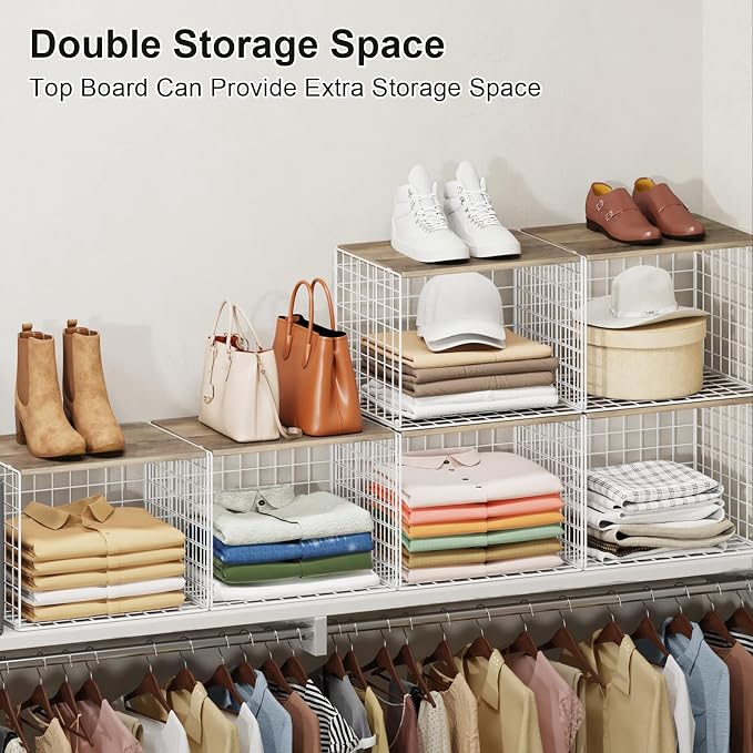 6 Pack Closet Organizers And Storage, Stackable Closet Shelf Organizer Storage Bin Basket For Clothes Sweaters With Top Board, Widened Opening, Heightened Height, Large Capacity, Sturdy, Space-saver