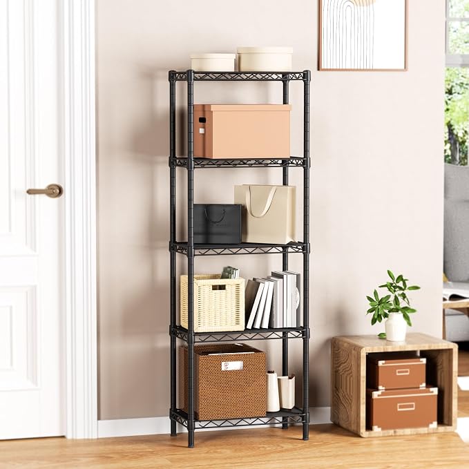 Golpart 5Tier Adjustable Storage Shelves Metal Wire Shelving Standing Shelf | Utility Heavy Duty Unit Rack Closet Organize for Home Kitchen Laundry Room Organization Pantry 10"Dx16"Wx55"H Black