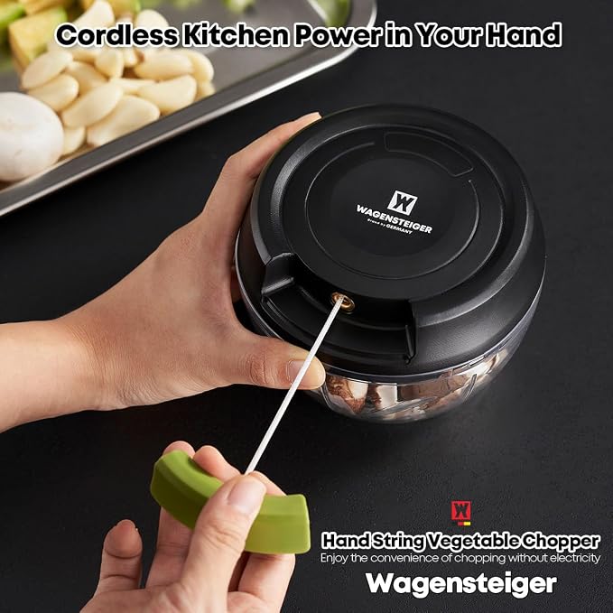 WAGENSTEIGER String Vegetable Chopper 4-Cup (900ml/30.43 oz) Hand Pull Garlic Mincer Manual Food Processor for Vegetables Fruits Meat Nuts BPA-Free Material, Easy Clean Compact for Kitchen RV Camping