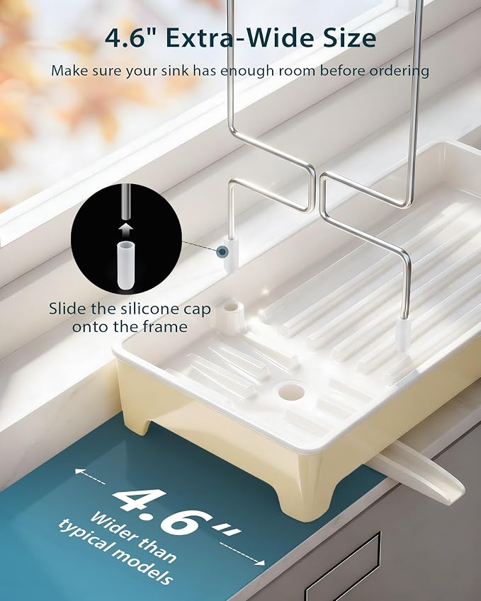 Minimalist Sink Caddy, Rustproof Sponge Holder for Kitchen Sink with 304 Stainless-Steel Brush Holder, Countertop Rack Organizer with Raised Ridges & Silicone Drain Tube (Pastel Yellow, Large)