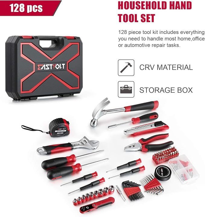 Eastvolt 128-Piece Home Repair Tool Set, Tool Sets for Homeowners, General Household Hand Tool Set with Storage Toolbox, EVHT12801, Black + Red (ASK01) (Pack of 5)
