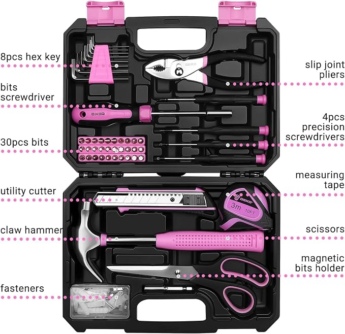 DEKOPRO 50 Piece General Household Hand Tool Kit with Plastic Toolbox Storage Case, All Purpose Home Tool Kit Includes Essential Tools for Office College Repairs - Pink